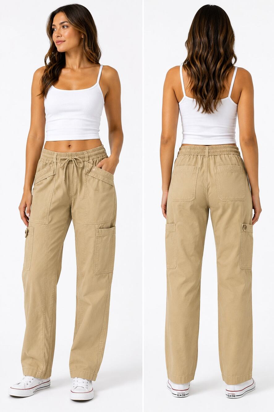 7 For All Mankind Womens S Khaki Utility Cargo Pants Elastic Waist Tan - Picture 1 of 6